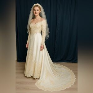 Ivory Off-Shoulder Wedding Dress with Gold Embroidery + Veil & Bouquet